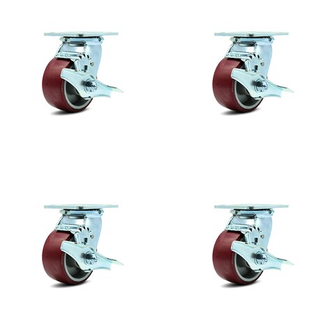 Service Caster 4 Inch Poly on Aluminum Swivel Caster Set with Roller Bearings and Brakes SCC SCC-30CS420-PAR-TLB-4